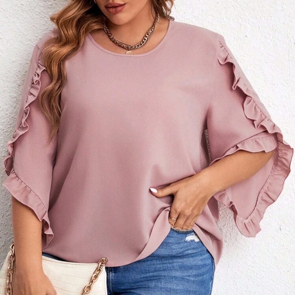New! Ruffle Trim Round Neck Petal Sleeve Blouse 2XL/16 NWOT